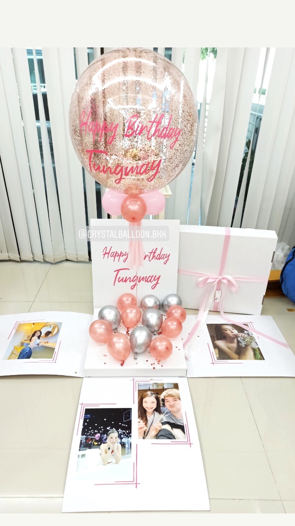 Surprise Box กล่องเซอร์ไพรส์วันเกิด Bubble ขนาด 24" พร้อมตกแต่ง สามารถใส่รูปได้ 4 ใบ สามารถเปลี่ยนสีลูกโป่ง/ข้อความได้