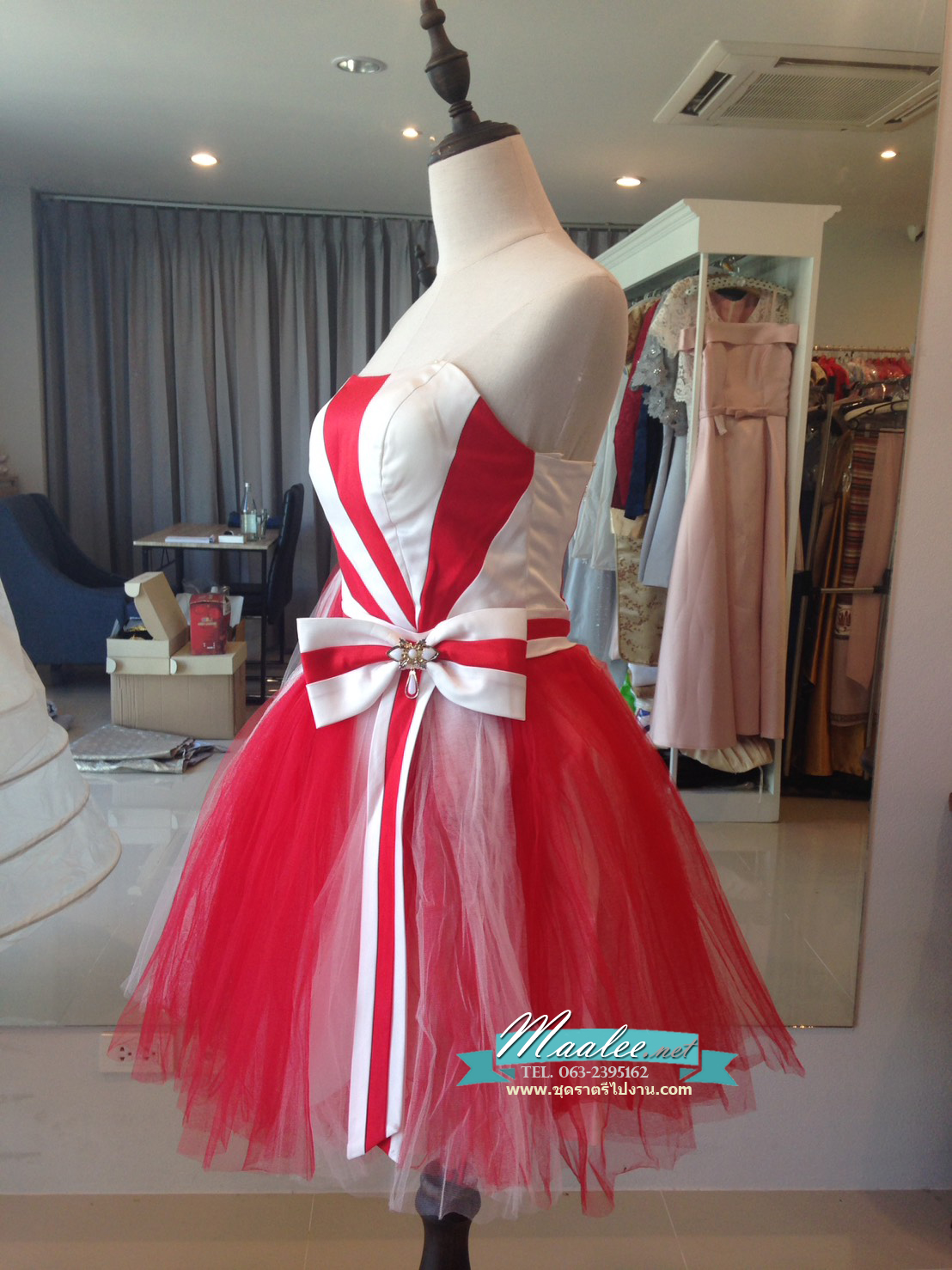 พร้อมเช่า ชุดแฟนซี ชุดราตรีสั้น เกาะอก กระโปรงสุ่ม ลายทางริ้ว เก๋มาก มี 3 สี