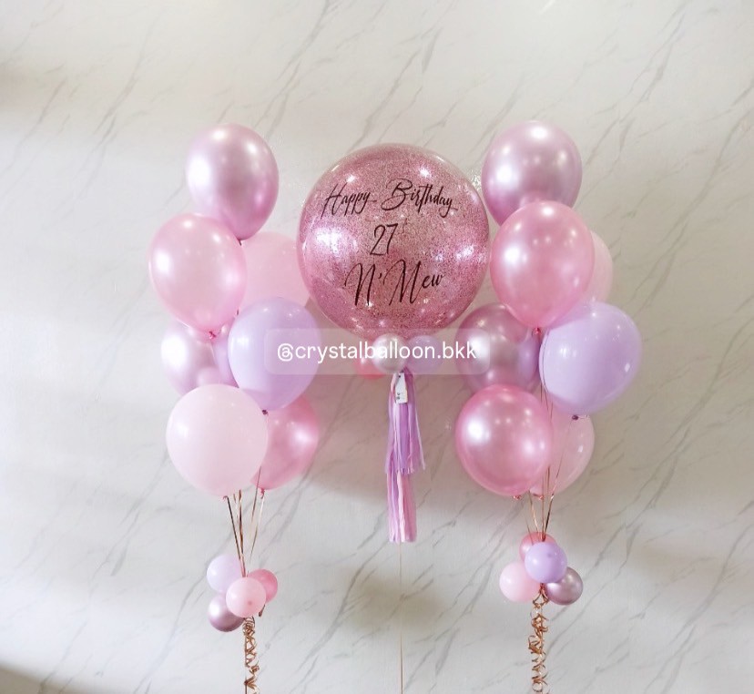 ลูกโป่ง วันเกิด Bubble ขนาด 24" กลิตเตอร์สีชมพู พร้อม ช่อลูกโป่ง ช่อ 7 ลูก 2 ช่อ Theme ชมพู - ม่วง พร้อมตกเเต่ง สามารถเปลี่ยนสีลูกโป่ง/เปลี่ยนข้อความ/เปลี่ยนขนาดได้