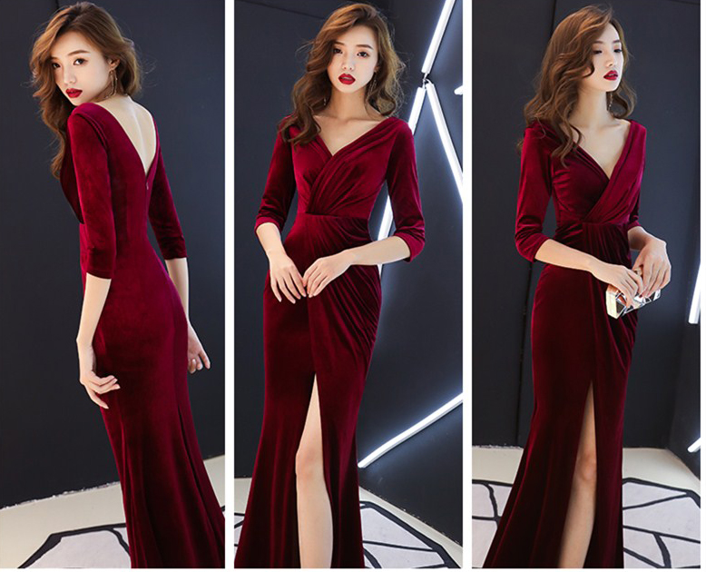 พร้อมส่ง ชุดราตรียาว กำมะหยี่แขนยาว เดรสยาวทรงหางปลา สีไวน์แดง