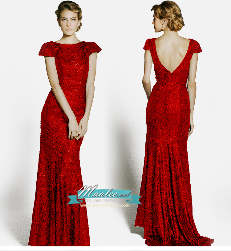 พร้อมเช่า ชุดราตรียาว แบบแขนสั้น ผ้าหลัง สีแดง เนื้อผ้าแต่งเลื่อมทั้งตัว ทรงหางปลา