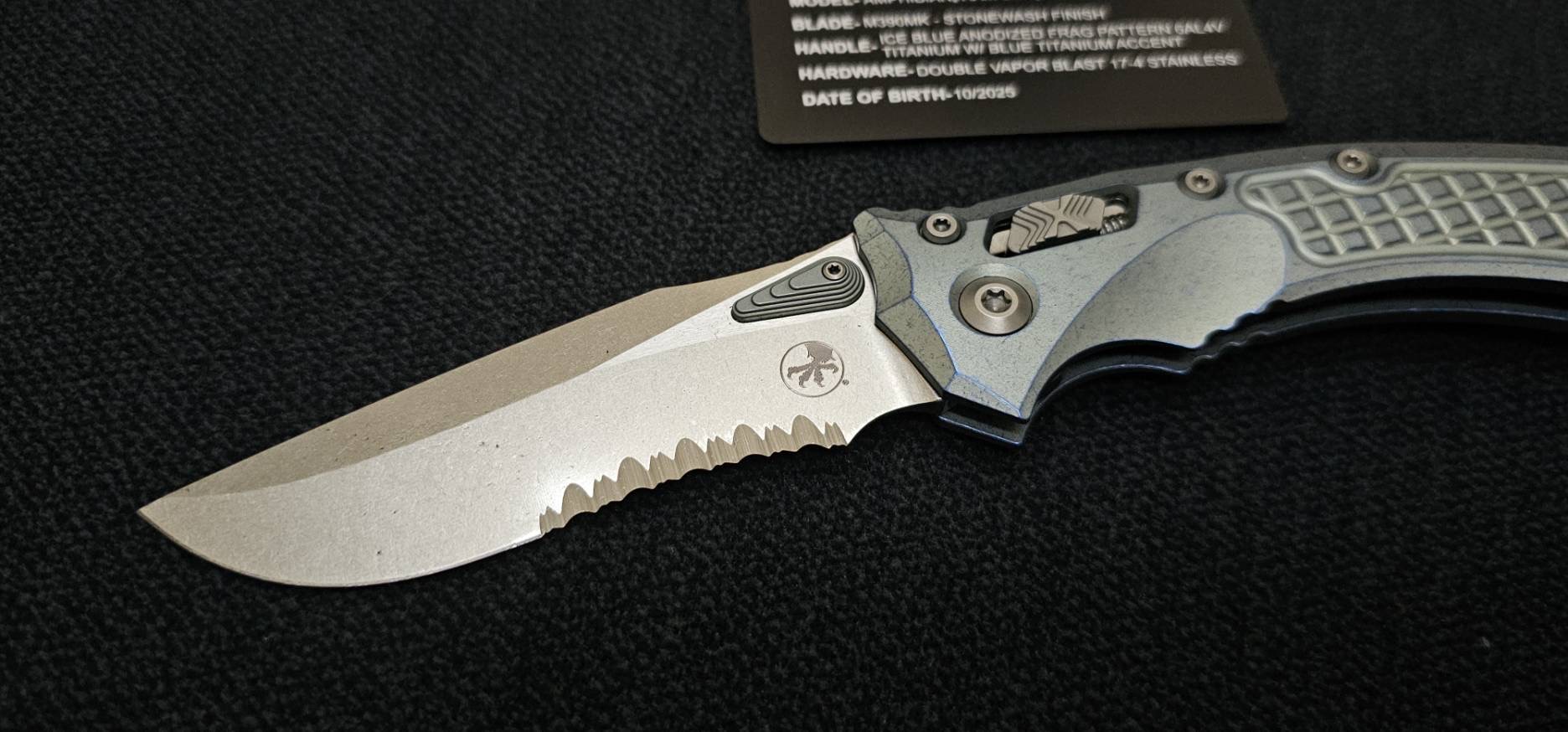 Microtech Marfione Select Amphibian RAM LOK Ice Blue Frag Titanium Handles & Serrated Stonewash M390MK & Blue Accents