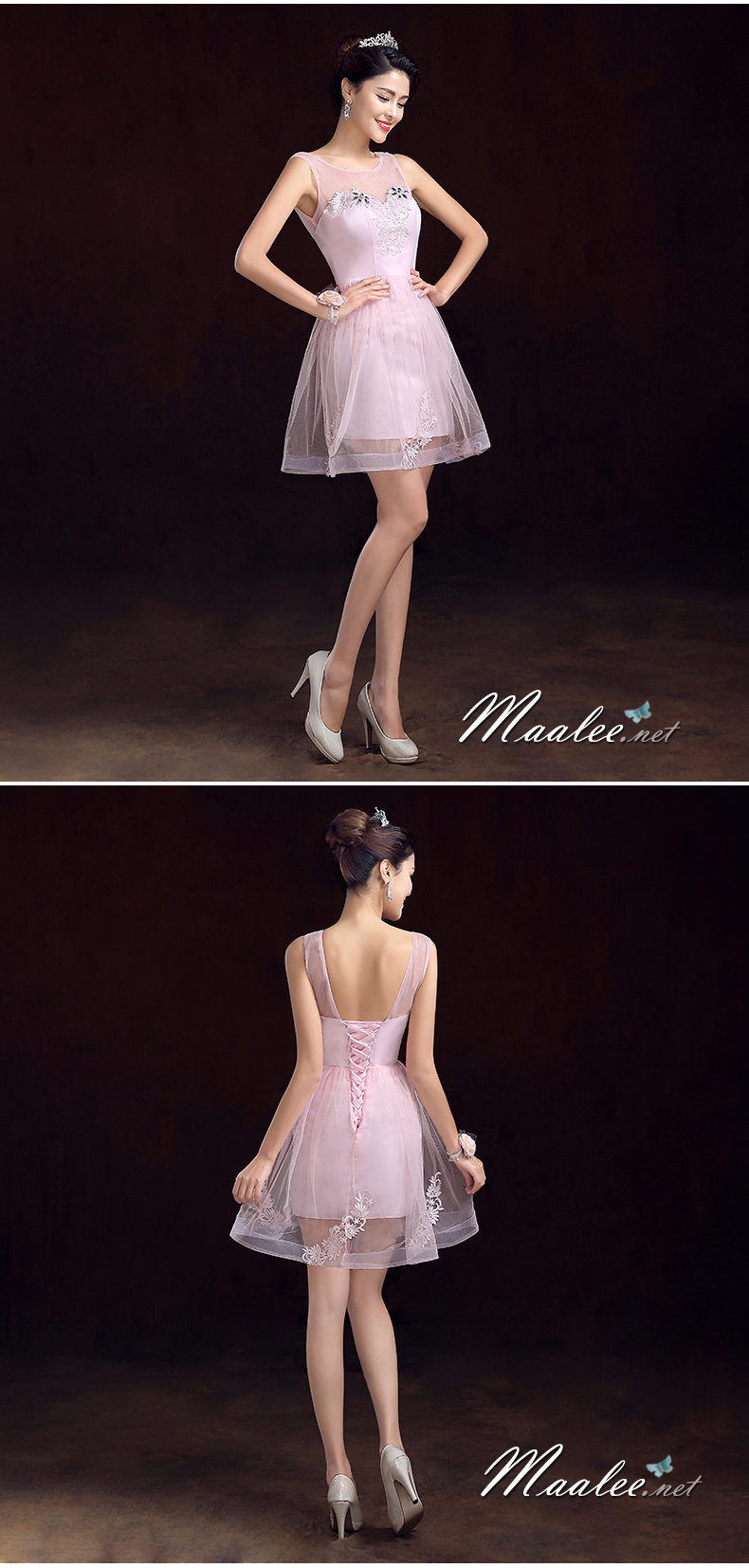 พร้อมส่ง ชุดราตรีสั้น แขนกุด แบบเรียบหรู แต่งผ้าตาข่ายแซมด้วยลูกไม้&คริสตัล สีชมพู