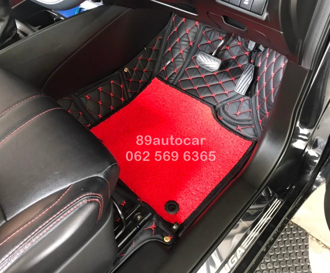 ผลิตพรมรถยนต์ Suzuki Ertiga 2019-2021 ปูพรม7D สีดำด้ายแดง + พรมดักฝุ่นสีแดงขอบดำ เต็มคัน
