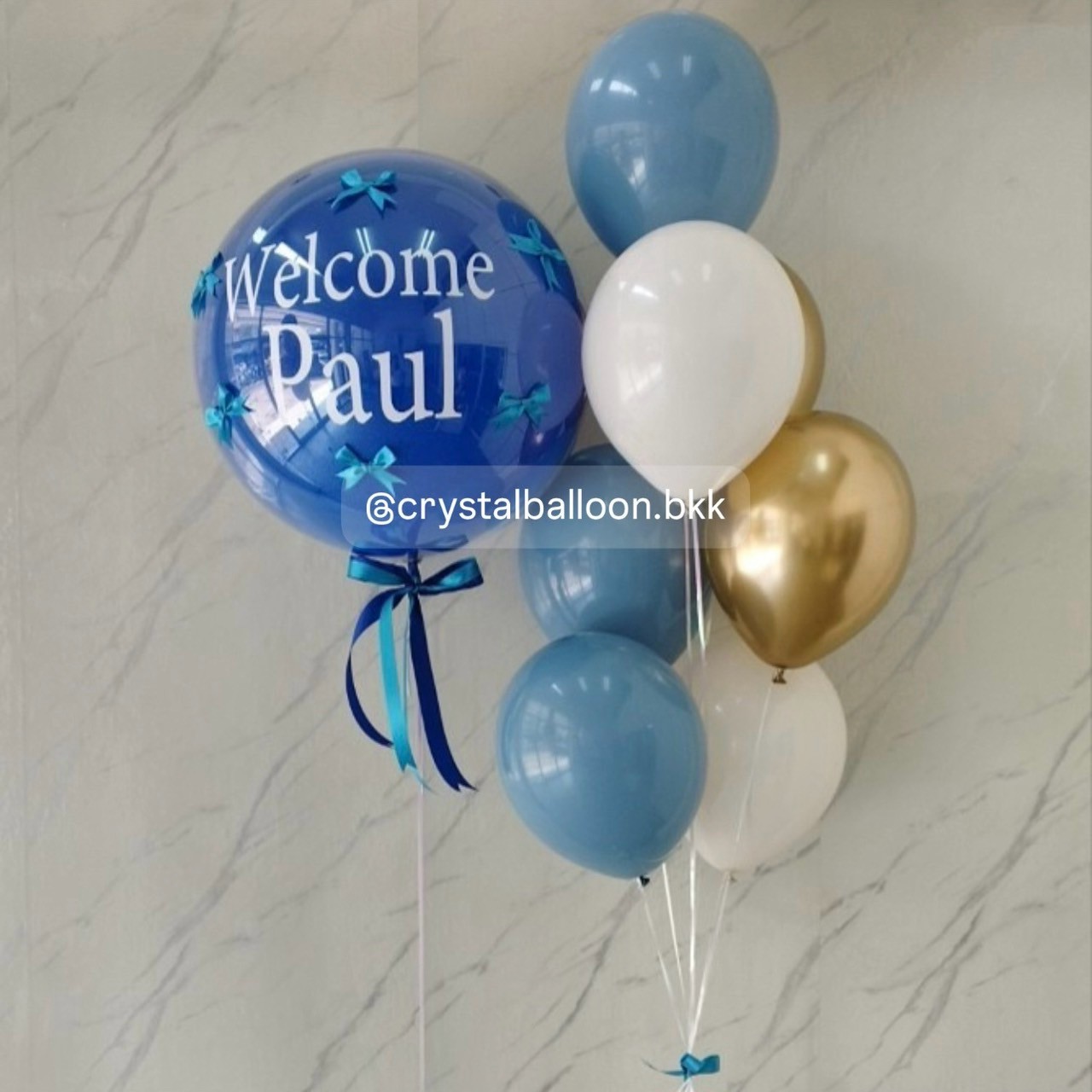 ลูกโป่ง Welcome Baby ลูกโป่งยาง ขนาด 24" สีน้ำเงิน 1 ลูก พร้อม ประดับโบว์จิ๋ว 6 ชิ้น,ช่อลูกโป่ง ช่อ 7 ลูก 1 ช่อ พร้อมตกแต่ง สามารถเปลี่ยนสีลูกโป่ง/เปลี่ยนข้อความ/เปลี่ยนขนาดได้