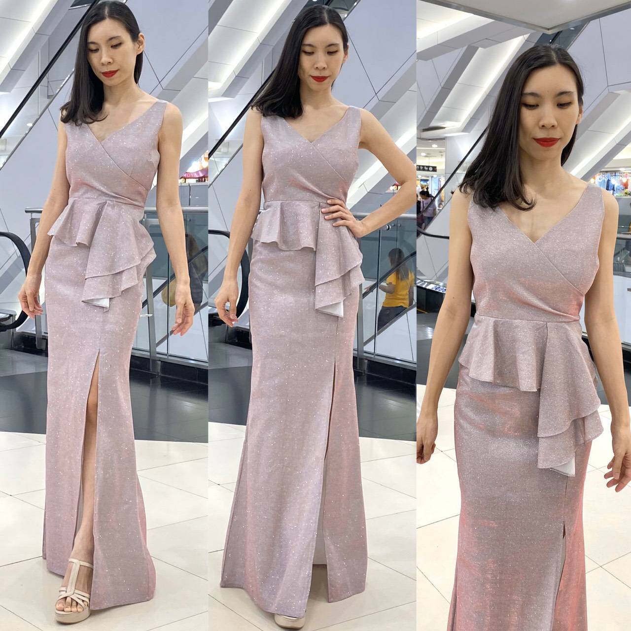 พร้อมเช่า ราตรียาว แขนกุด คอวี แต่งระบายช่วงเอว หรูหรา ผ้า Glitter สีชมพู