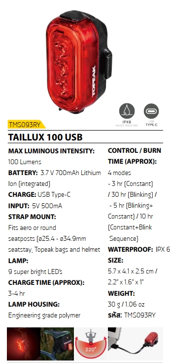 ไฟท้ายจักรยาน TOPEAK TAILLUX 100 USB REAR SAFETY NO: TMSO93RR INPUT: 5V 500MA