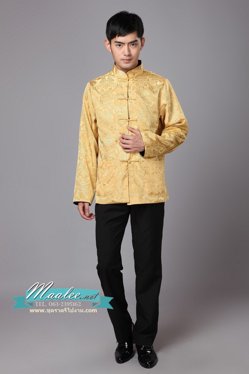 พร้อมส่ง (สินค้าตัวโชว์) ชุดจีน ชาย เสื้อคอจีน ผ้าแพร สีทอง / น้ำเงิน ใส่ได้สองด้าน (XL)