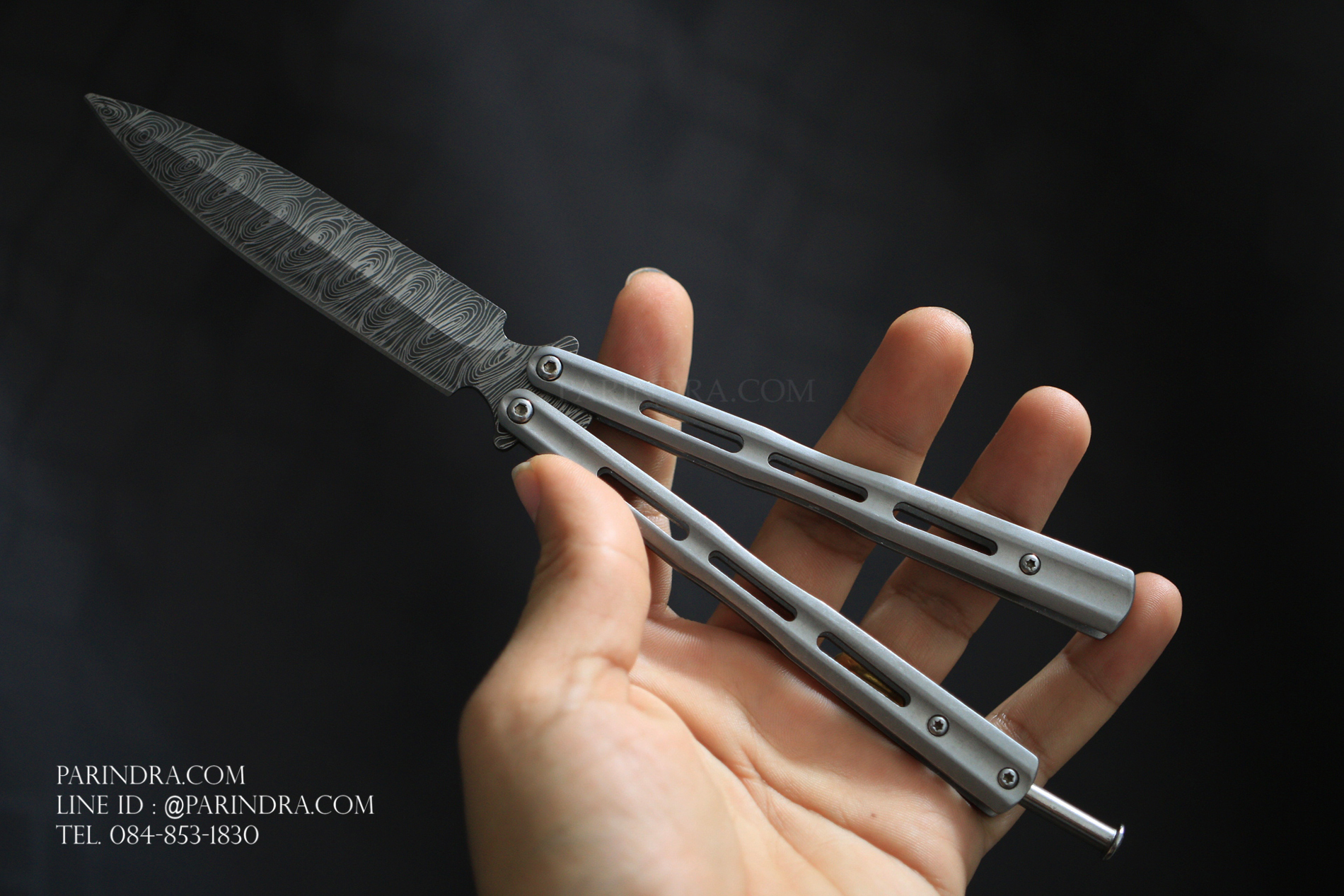 มีดบาลีซอง Balisong มีดควง มีดปีกผีเสื้อ ใบมีดยิงเลเซอร์ลายดามัสกัส
