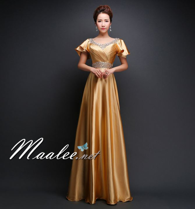 พร้อมเช่า สำหรับสาวไซส์ใหญ่ ชุดราตรียาว แบบแขนสั้น ผ้าซาตินสวยสง่า อกจับจีบปักเลื่อมช่วงอก-เอว สีทอง (เชือกผูกหลัง)