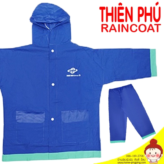 เสื้อกันฝน+กางเกงกันฝน Thien Phu สีน้ำเงิน (มีเชือกรัดหมวก มีกระเป๋าเก็บเสื้อ) เนื้อหนาปานกลาง เบา นิ่ม ใส่สบาย ยี่ห้อ Thien Phu