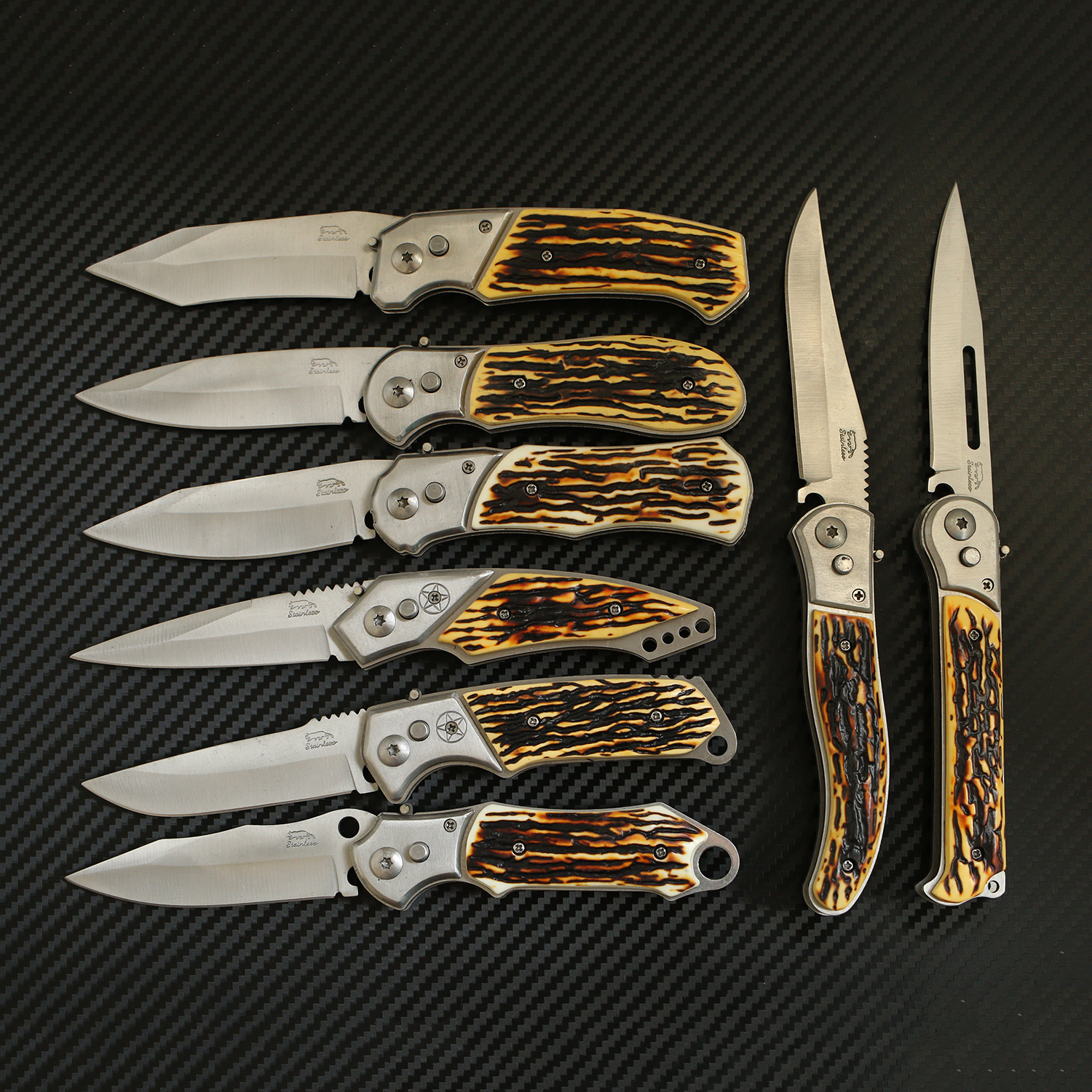 มีดพับสปริง #JR01 STAINLESS ขนาดกลาง พกพา ด้ามลายเขาสัตว์เทียม ราคาประหยัด