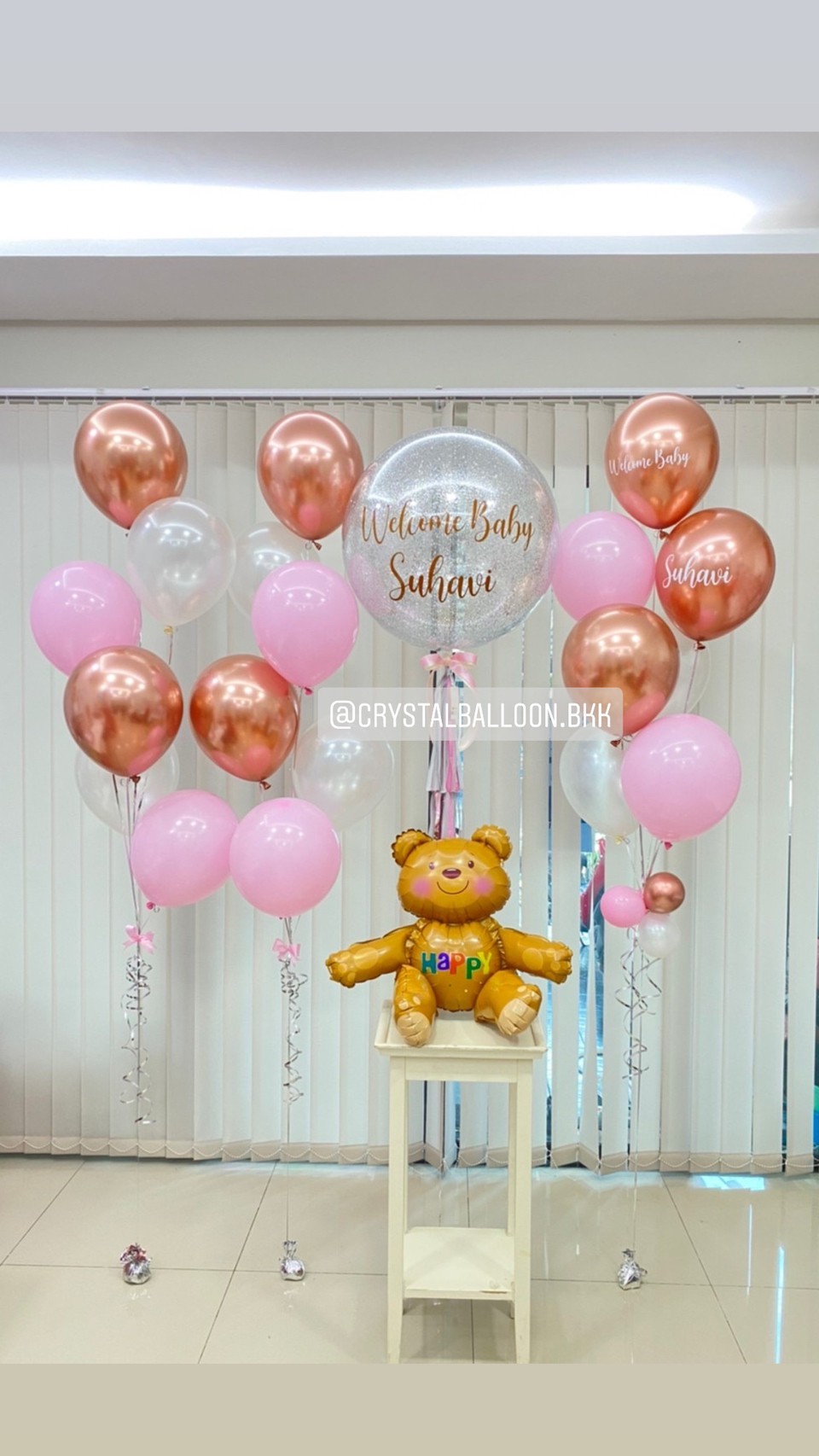 ลูกโป่ง Welcome Baby Bubble ขนาด 24" พร้อมตกแต่ง ช่อลูกโป่ง 6 ลูก 2 ช่อ,ช่อลูกโป่ง 7 ลูก 1 ช่อ,ฟอยล์หมีนั่งน้ำตาล 1 ชิ้น สามารถเปลี่ยนสีลูกโป่ง/เปลี่ยนข้อความ/เปลี่ยนขนาด/เปลี่ยนฟอยล์ตกแต่งได้