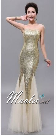 พร้อมเช่า ชุดราตรียาว เกาะอก เรียบหรู สีครีม Champagne เนื้อผ้าแต่งเลื่อมทั้งตัว ทรงนางเงือก แต่งผ้าตาข่ายสวย