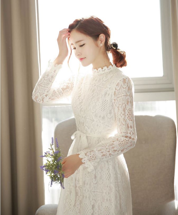 Pre-order เดรสขาว พรีเวดดิ้ง แขนยาว ลูกไม้ สีขาว