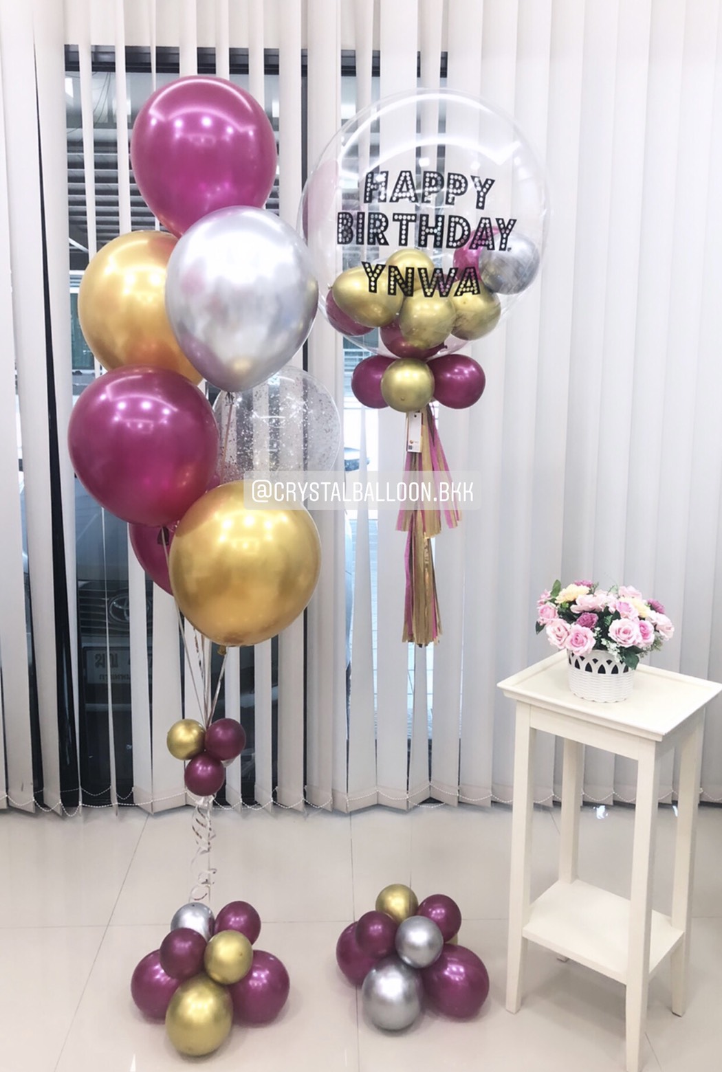 ลูกโป่ง วันเกิด Bubble USA ขนาด 24" Theme Burgundy พร้อม ช่อลูกโป่ง ช่อ 7 ลูก 1 ช่อ,ลูกโป่งใส ใส่กลิตเตอร์ พร้อมตกเเต่ง สามารถเปลี่ยนสีลูกโป่ง/เปลี่ยนข้อความได้