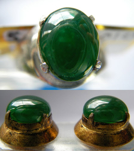 ชุดหยกพม่า jadeite แหวน + ต่างหู แหวนเนื้อเทียนแก้ว เขียวเข้ม ต่างหูเนื้อเทียน เขียวเข้ม ขนาด 8. x 9.8 x 3.8 mm.ประมาณ 5.22 ct. ราคาโทรถาม