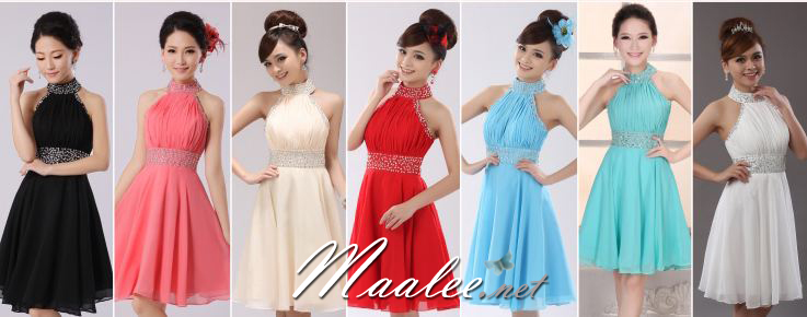 พร้อมเช่า ชุดราตรีสั้น คล้องคอ เว้าไหล่ สีขาว ปักเลื่อมละเอียดช่วงอก คอและเอว