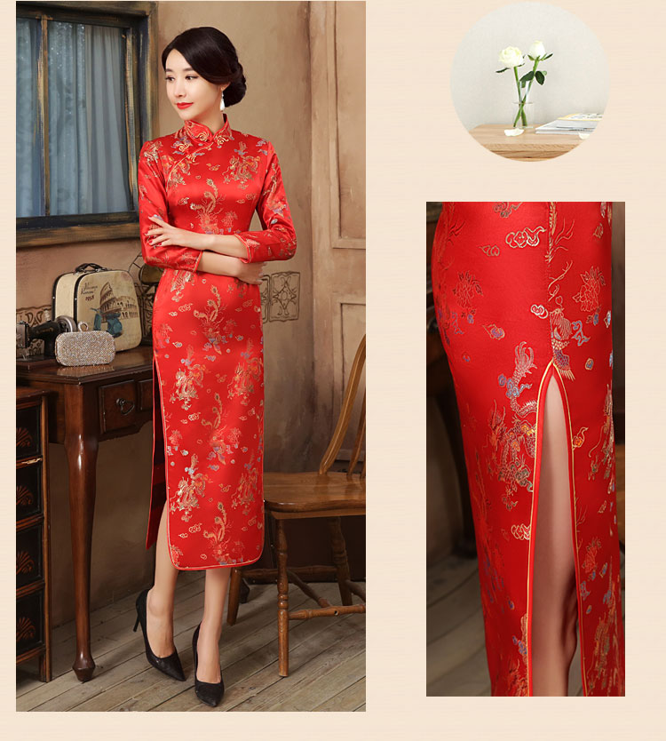 Preorder กี่เพ้า ผ้าไหมจีน สีแดง แขนยาว ลายมังกร ตัดเย็บอย่างดี