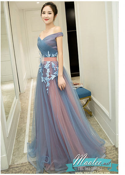 พร้อมเช่า ชุดราตรียาว แบบไหล่ปาด สีเทา-ชมพู Two Tone สไตล์เจ้าหญิง สวยหวานน่ารักมาก เนื้อผ้าตาข่าย แต่งโบว์และลูกไม้ช่วงเอว (เชือกผูกหลัง)