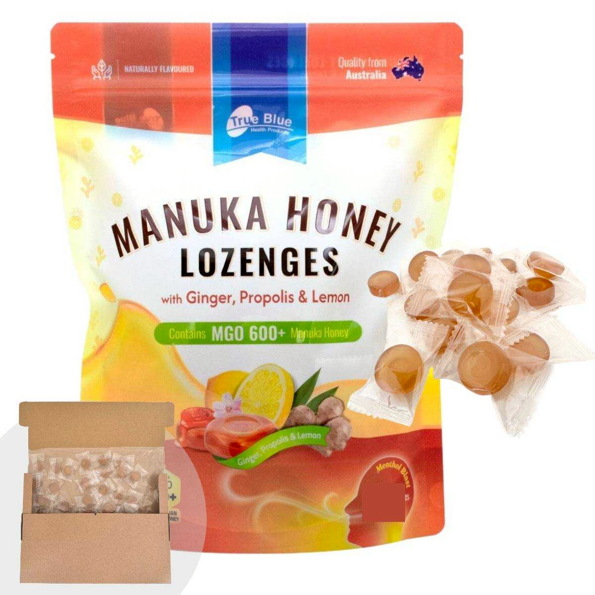 True Blue ลูกอมมานูก้าฮันนี่ Manuka Honey Lozenges with Ginger, Propolis & Lemon (MGO 600+) ขนาด600g