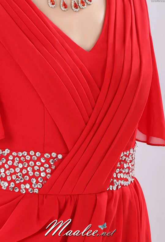 พร้อมเช่า ชุดราตรีแขนสั้น ผ้าชีฟอง สีครีม Champagne แขนย้วย แต่งเลื่อมช่วงเอว