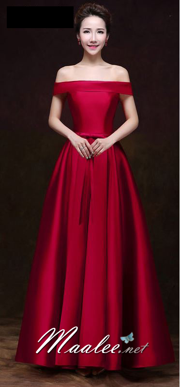 พร้อมเช่า ชุดราตรียาว แบบไหล่ปาด สไตล์วินเทจผ้าไหมดัชเชส กระโปรงทรงA แต่งโบว์2ชั้น ช่วงเอว สีไวน์แดง (เชือกผูกหลัง)