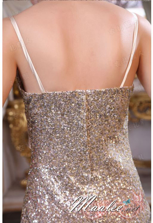 พร้อมเช่า ชุดราตรียาว สายเดี่ยว เรียบหรู สีทอง Champagne เนื้อผ้าแต่งเลื่อมทั้งตัว