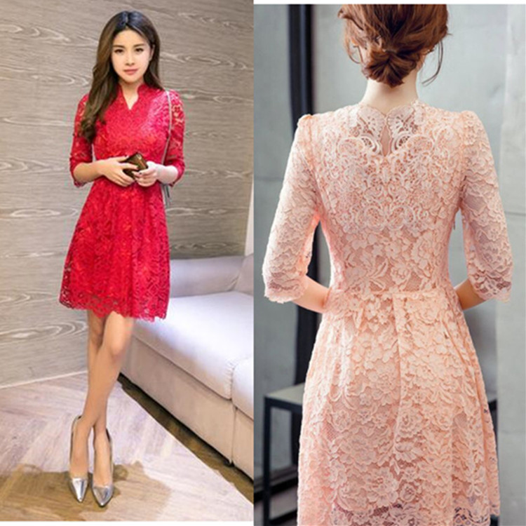 พร้อมส่ง ชุดราตรีสั้น/แขนยาว คอวี เนื้อผ้าลูกไม้ & Cotton แต่งซิปข้าง สีแดง (เหลือเฉพาะไซส์ 3XL)