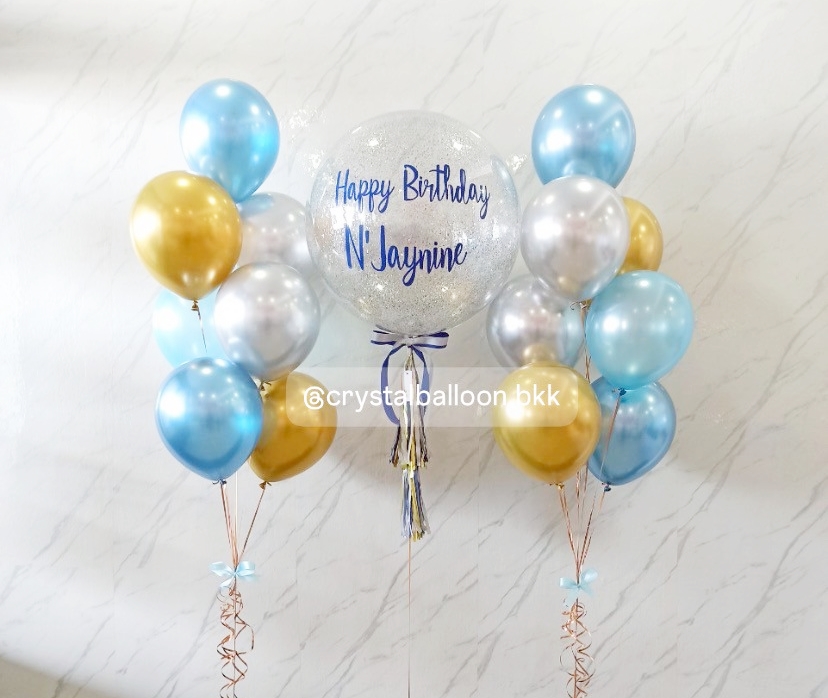 ลูกโป่ง วันเกิด Bubble ขนาด 24" กลิตเตอร์สีเงิน 1 ลูก ,ลูกโป่งช่อ 7 ลูก 2 ช่อ พร้อมตกแต่ง สามารถเปลี่ยนสีลูกโป่ง/เปลี่ยนข้อความ/เปลี่ยนสี-ฟอยล์ตกแต่งได้