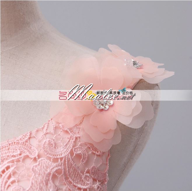 พร้อมเช่า ชุดราตรีสั้น สีโอโรส ไหล่เฉียง แต่งลูกไม้ กระโปรงหน้าสั้นหลังยาว ชุดเพื่อนเจ้าสาว Pink-004C