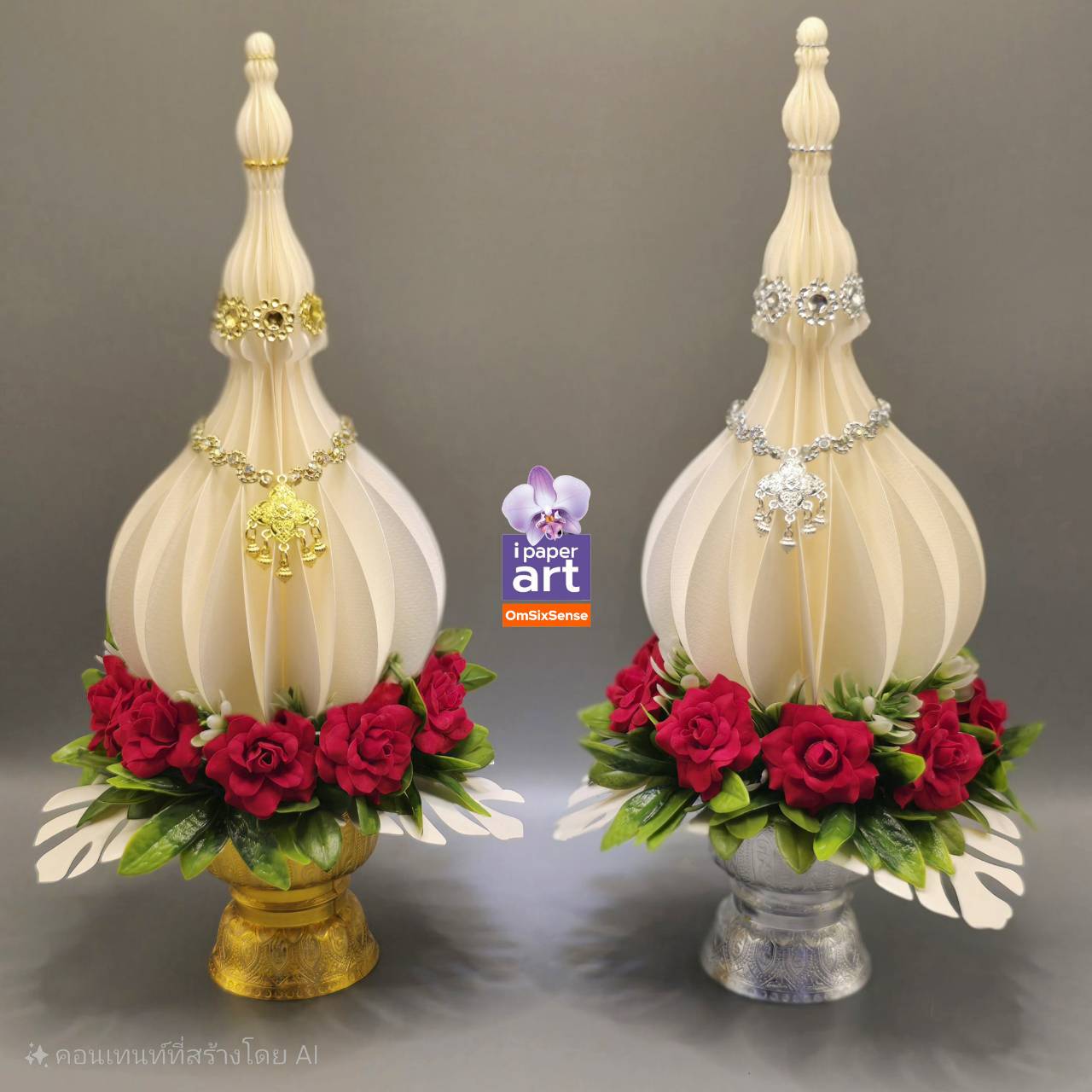 พานพุ่มเรืองแสงโคมไฟ เชิงเทียน LED แบบถ่านกระดุม งานไทยปราณีต | ประดับหิ้งบูชา พิธีการ