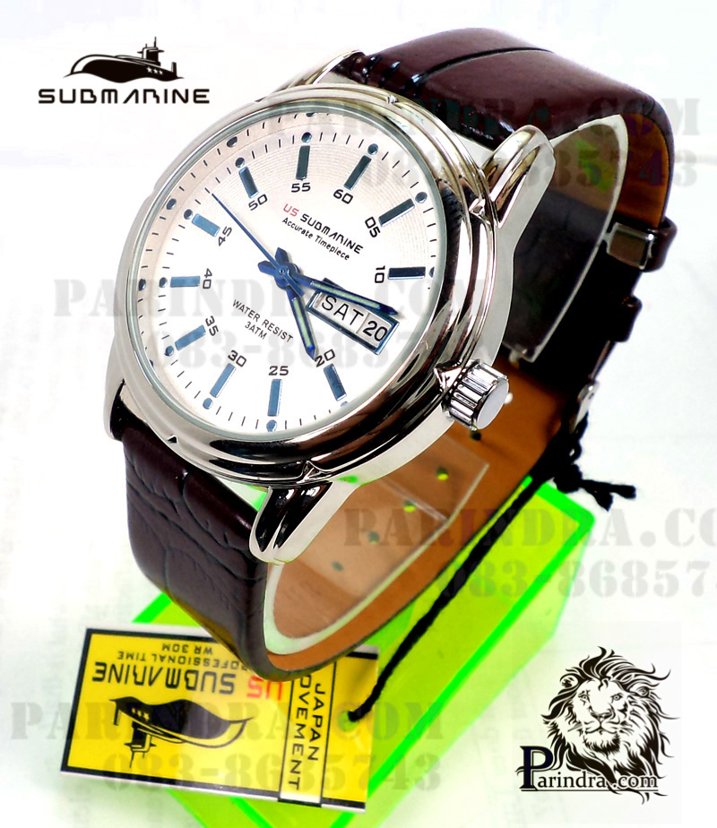 นาฬิกา US submarine รุ่นฺ B042 สายหนังสีน้ำตาล หน้าปัดขาวเข็มสีฟ้า