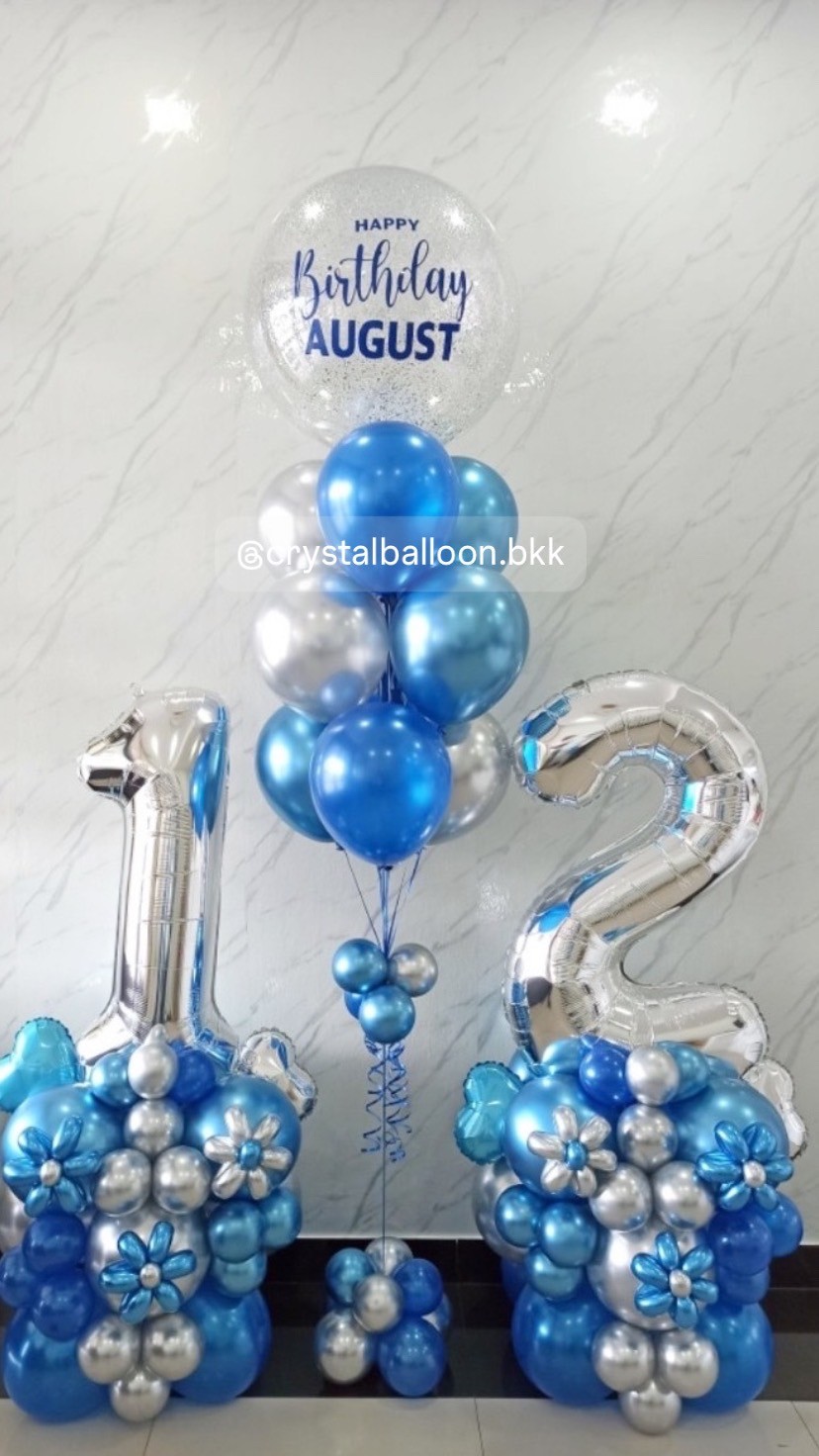 ลูกโป่ง วันเกิด ช่อ Bubble ขนาด 24" กลิตเตอร์สีเงิน 1 ช่อ ช่อ 10 ลูก พร้อมตกแต่ง ฟอยล์ตัวเลข ขนาด 40" ตั้งฐาน 2 ชิ้น พร้อมตกแต่ง สามารถเปลี่ยนสีลูกโป่ง/เปลี่ยนข้อความ/เปลี่ยนขนาดได้