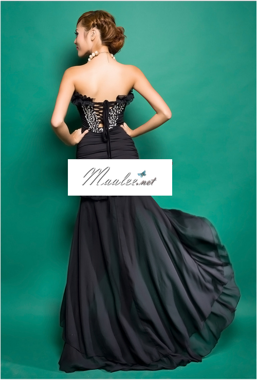 พร้อมเช่า ชุดเดรสสั้น เกาะอก สีดำ สุดเปรี้ยว ถอดหางปลาออกได้