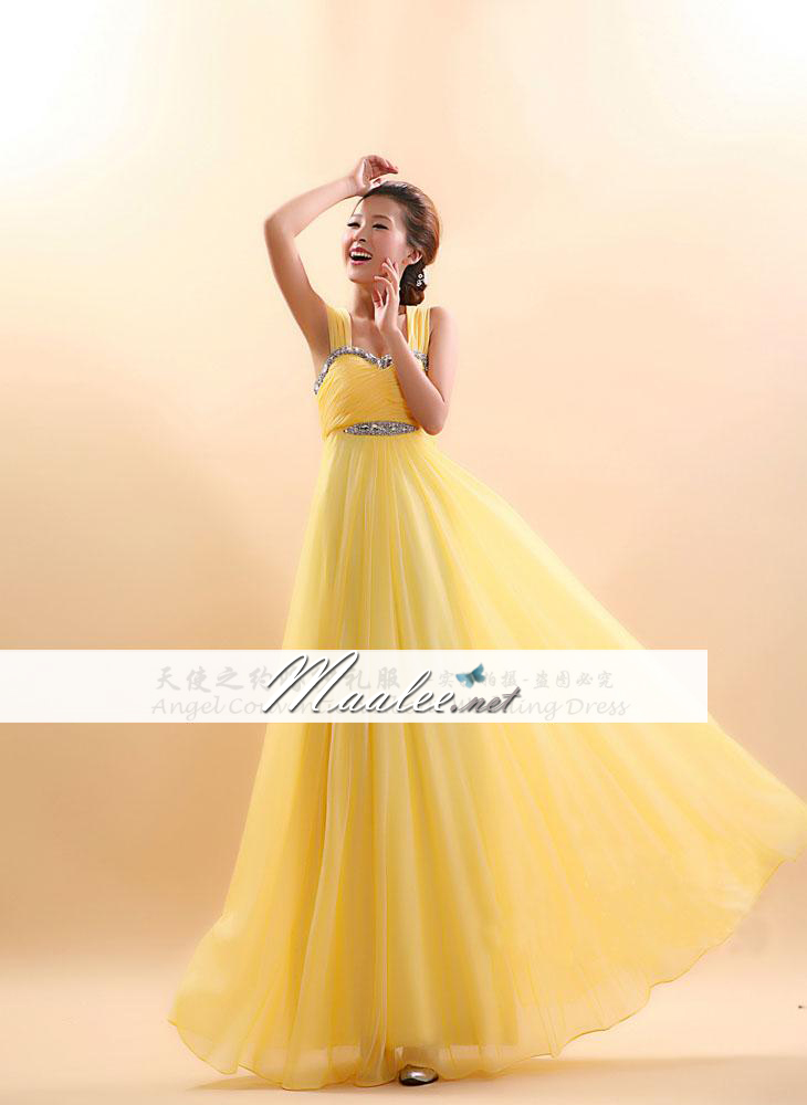 พร้อมส่ง ชุดราตรียาว ผ้าชีฟอง สีเหลือง แต่งคริสตัลหรูช่วงอกและเอว