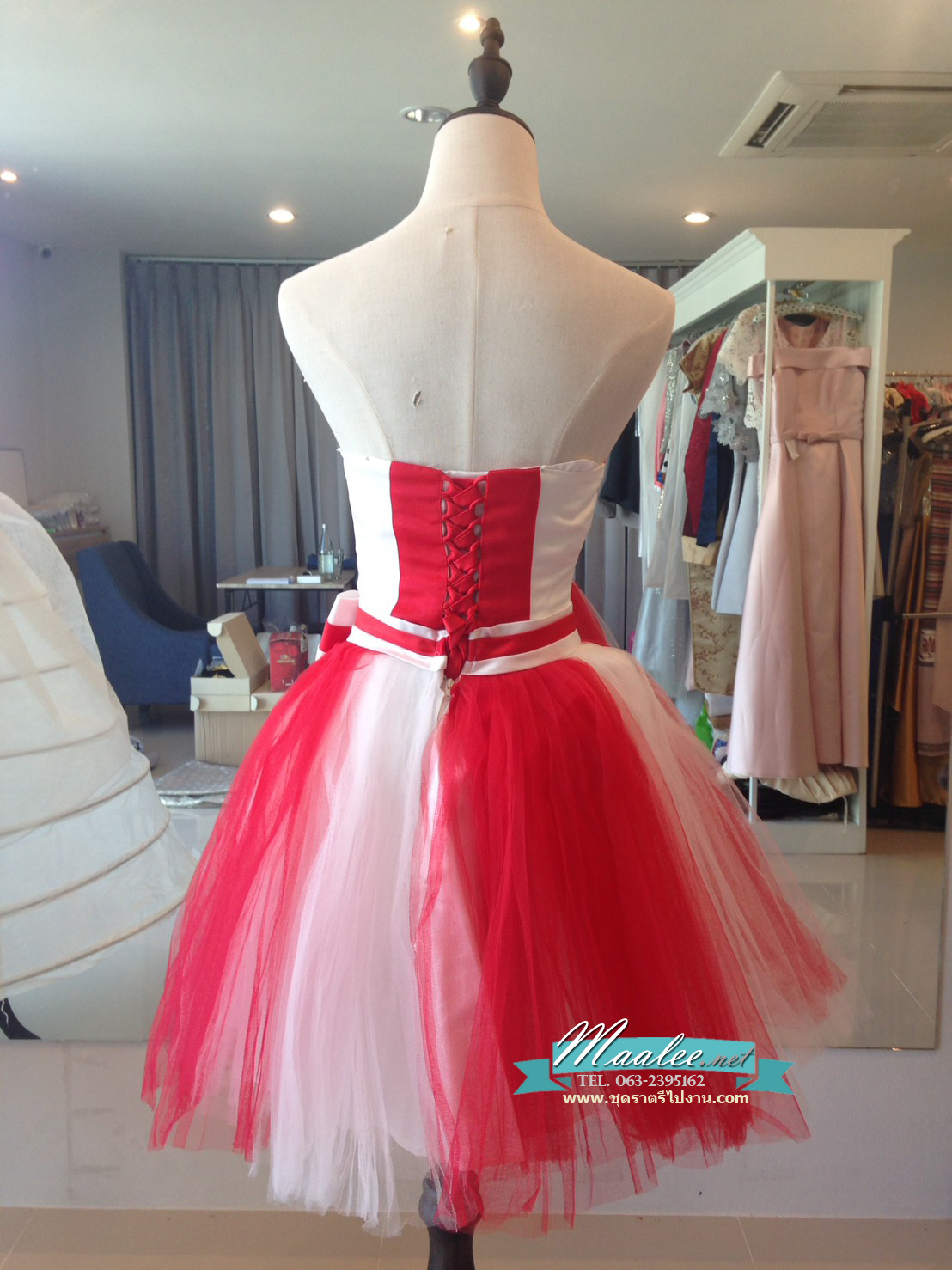 พร้อมเช่า ชุดแฟนซี ชุดราตรีสั้น เกาะอก กระโปรงสุ่ม ลายทางริ้ว เก๋มาก มี 3 สี