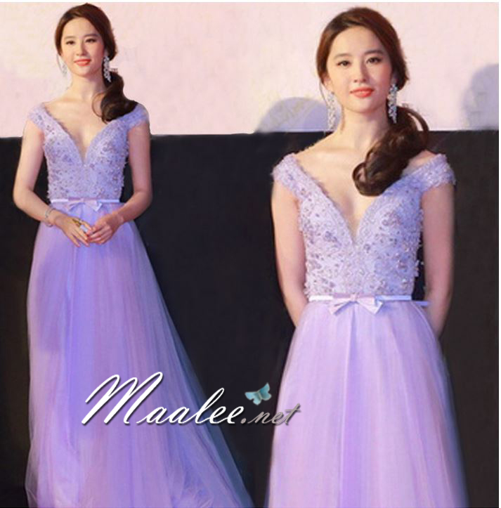 พร้อมส่ง ชุดราตรียาว แบบไหล่ปาด ช่วงอกแต่งเลื่อมปักมุกสวยหรู + โบว์ช่วงเอว กระโปรงตาข่ายนิ่ม สีม่วง (เชือกผูกหลัง)