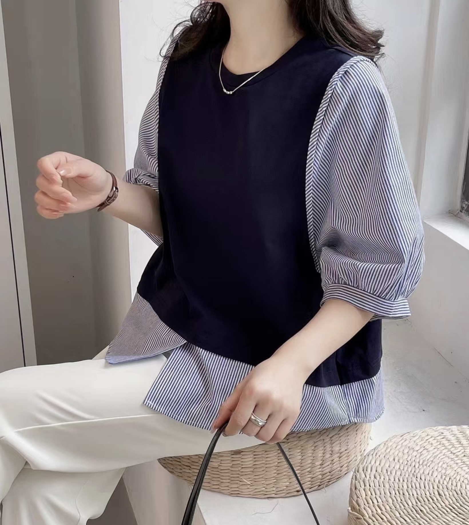 เสื้อยืดต่อลายผ้าฝ้ายลายริ้ว