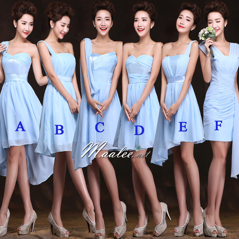 พร้อมเช่า ชุดเพื่อนเจ้าสาว ผ้าชีฟอง สีฟ้า ชุดเข้ารูปเน้น อกเเอว สะโพก แบบแขนกุกช่วยพรางต้นแขนได้