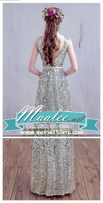 พร้อมเช่า ชุดราตรียาว แขนกุด ปักเลื่อมทั้งชุด มาพร้อมเข็มขัด ใส่ออกงานกลางคืน เด่นมาก สีเงิน