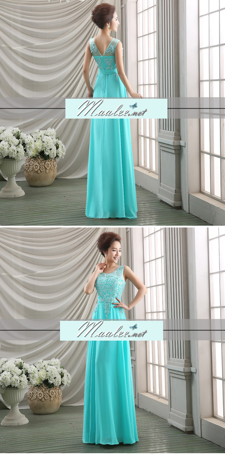 พร้อมเช่า ชุดราตรียาว สีฟ้าอมเขียว แบบเรียบหรู แต่งลูกไม้เซาะดอก ปักลูกปัดมุก