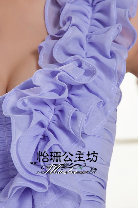 พร้อมส่ง ชุดราตรีสั้น ไหล่เดียว จับเดรปหน้าอก แต่งระบายช่วงไหล่ สีชมพู