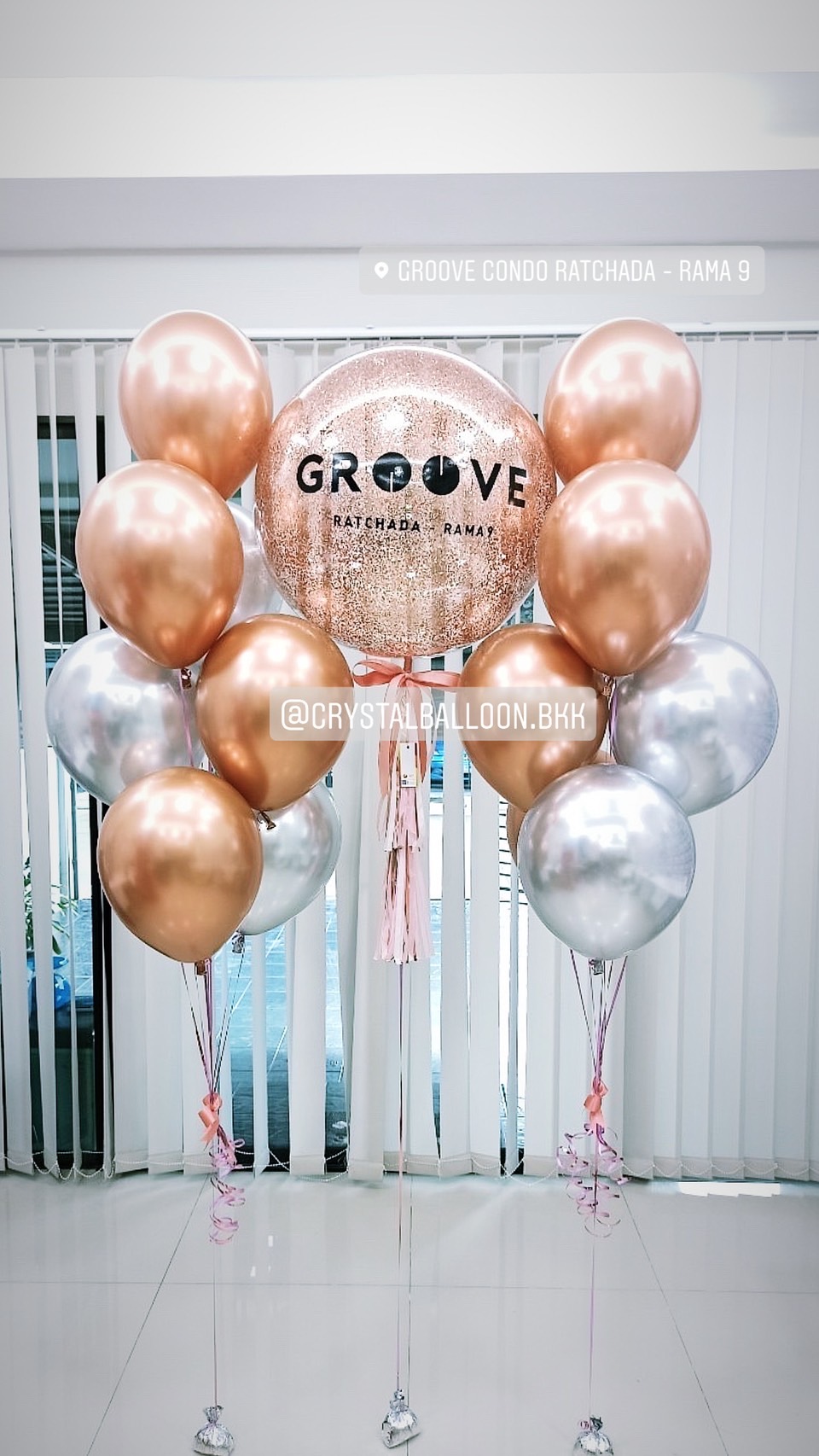 ลูกโป่ง Grand Opening Bubble ขนาด 24" Theme สีโรสโกล พร้อม ช่อลูกโป่งโครเมี่ยม 7 ลูก 2 ช่อ สามารถเปลี่ยนสีลูกโป่ง/เปลี่ยนข้อความ/เปลี่ยนขนาดได้