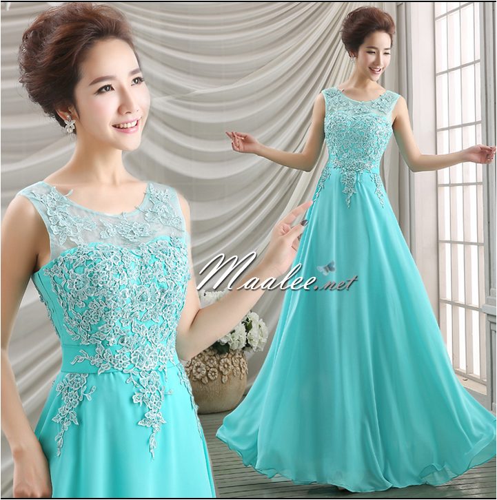 พร้อมเช่า ชุดราตรียาว สีฟ้าอมเขียว แบบเรียบหรู แต่งลูกไม้เซาะดอก ปักลูกปัดมุก