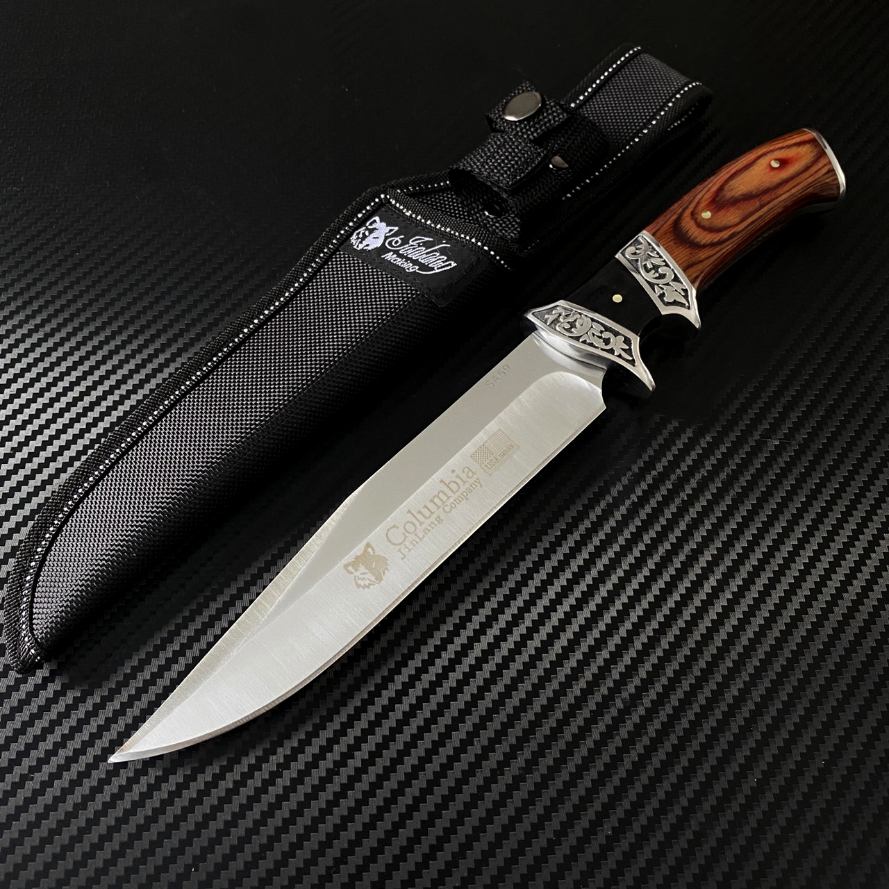 มีดเดินป่า COLUMBIA รุ่น SA59 ด้ามไม้แท้มีลวดลาย การ์ดนิ้ว 2 ชั้น ทรงใบมีดสวย