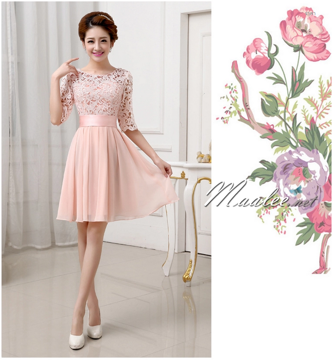 พร้อมเช่า ชุดราตรีสั้น สีชมพู แขนสามส่วน ลูกไม้ฉลุ กระโปรงผ้าชีฟอง