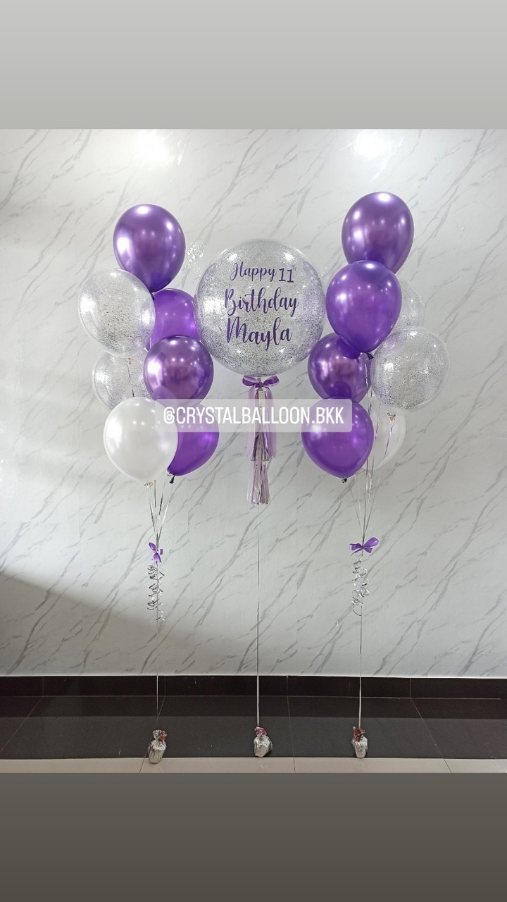 ลูกโป่ง วันเกิดเด็ก Bubble ขนาด 24" กลิตเตอร์สีเงิน พร้อม ช่อลูกโป่ง ช่อ 7 ลูก 2 ช่อ พร้อมตกแต่ง สามารถเปลี่ยนสีลูกโป่ง/เปลี่ยนข้อความ/เปลี่ยนขนาดได้