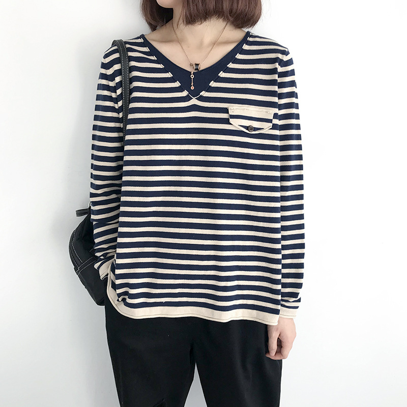 เสื้อยืดไหมพรมลายทางคอวี