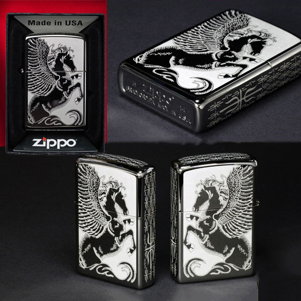 ไฟแช็ค Zippo แท้ ลายม้าเพกาซัส "Winged Pegasus Black Ice Chrome" #28802 แท้นำเข้า 100%